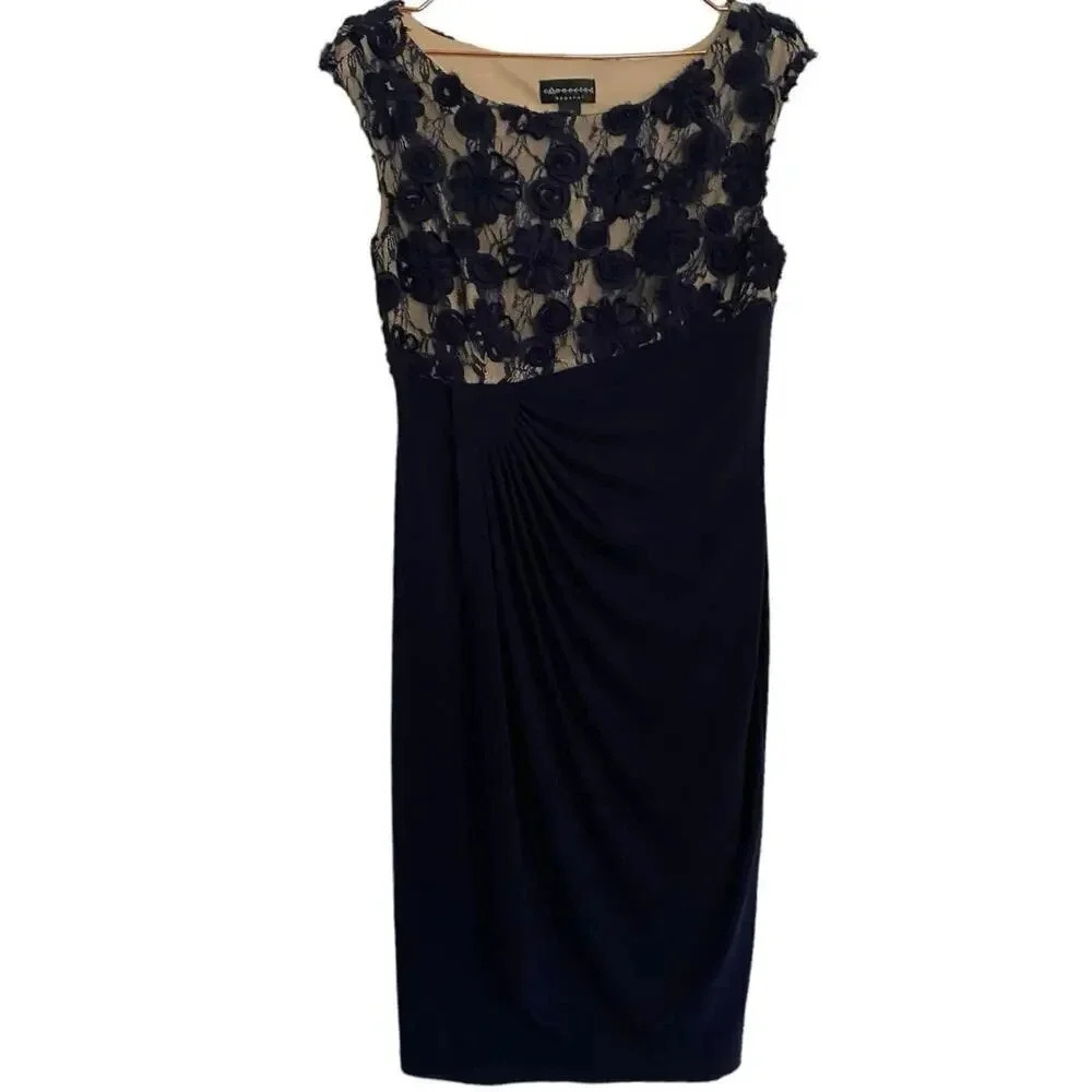 Connected Apparel Women's Black ruched floral Sheath Dress Size 10